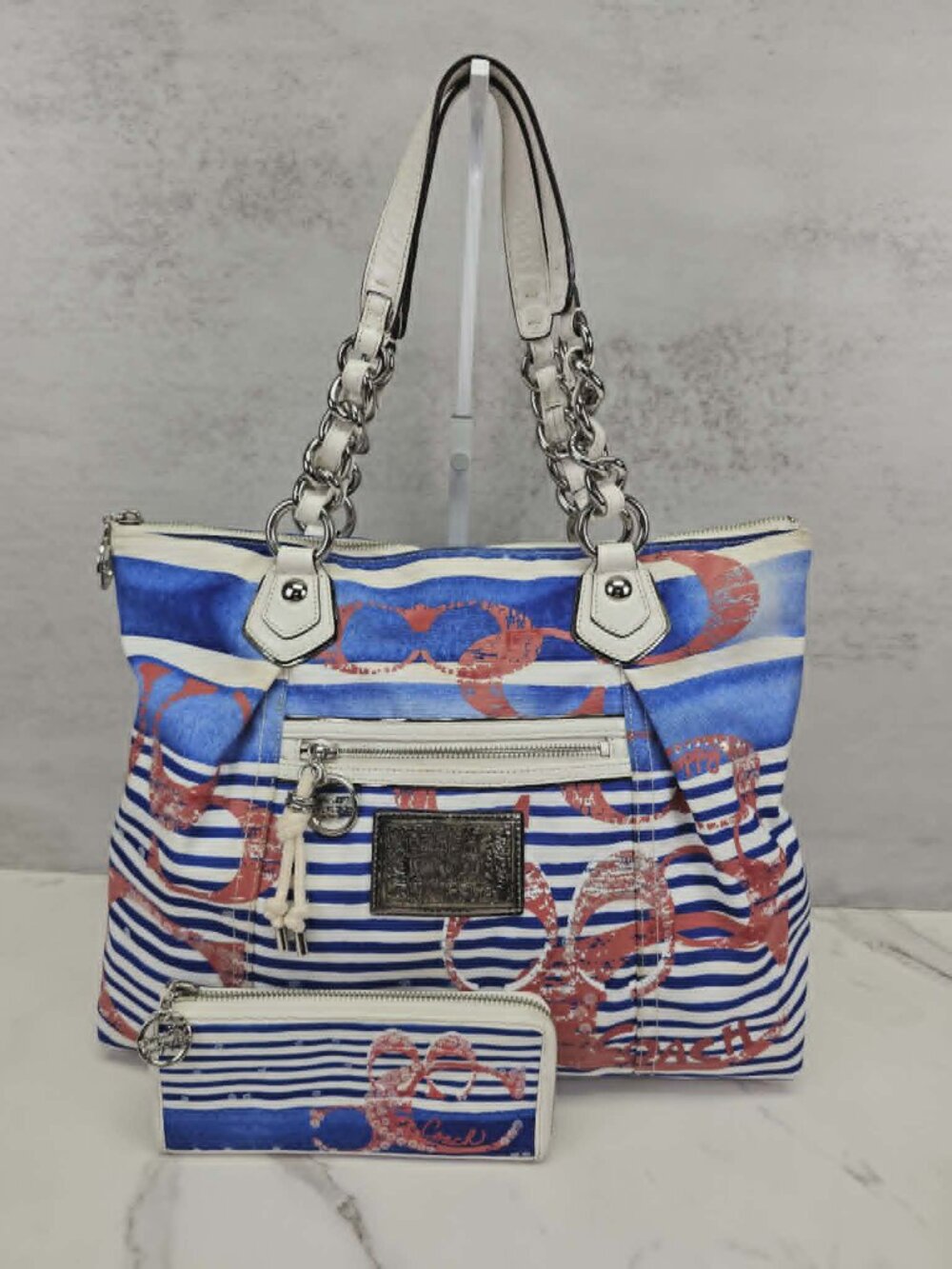 Coach Poppy Y2K 2011 Nautical Stripe Tote Bag With Wallet